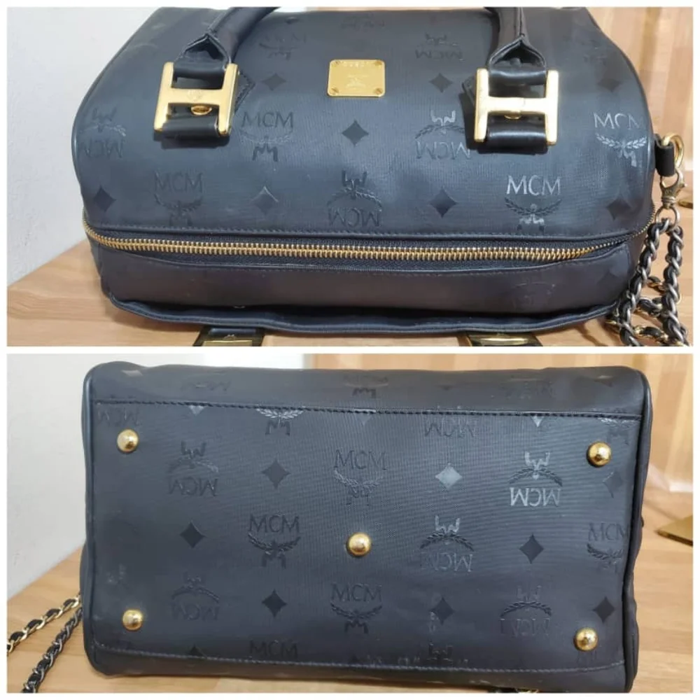 Authentic MCM Signature Visetos Monogram Boston Bag with Strap